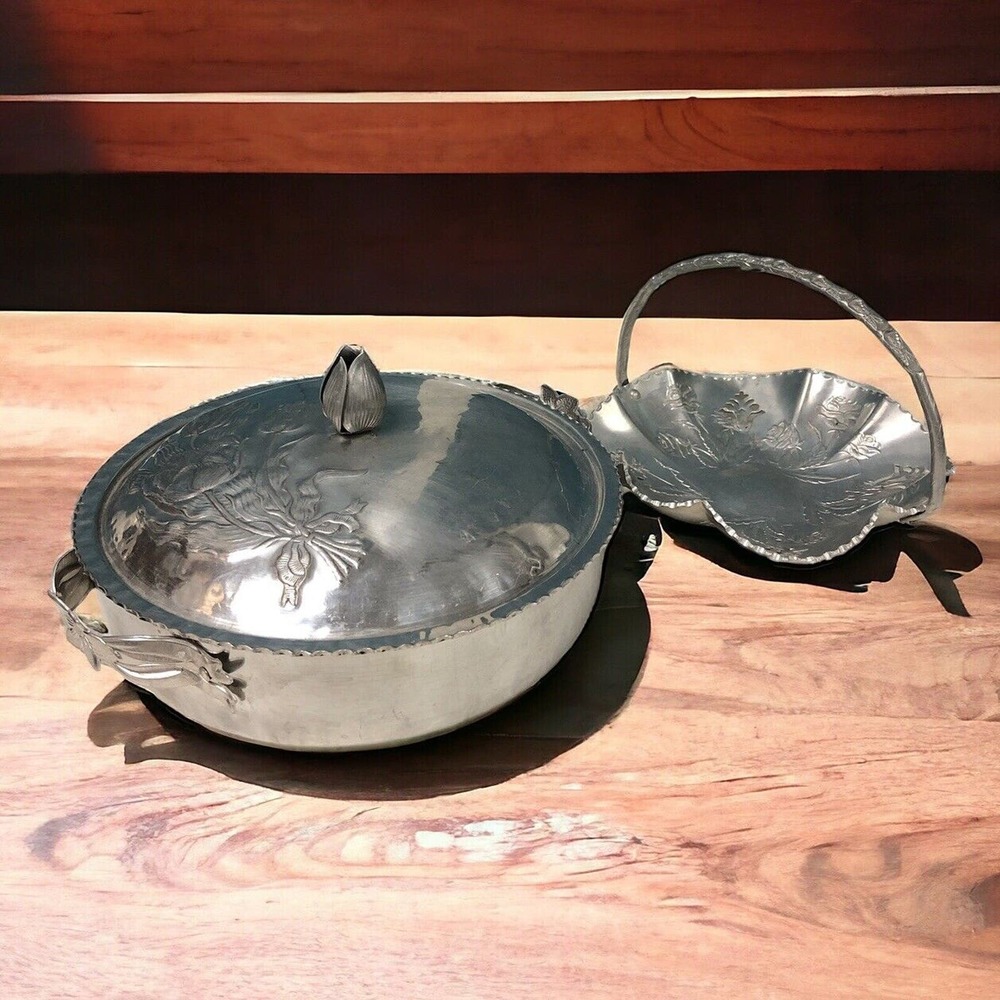 Rodney Kent Hand Wrought‎ Hammered Aluminum Covered Serving Bowl Tulip + Basket